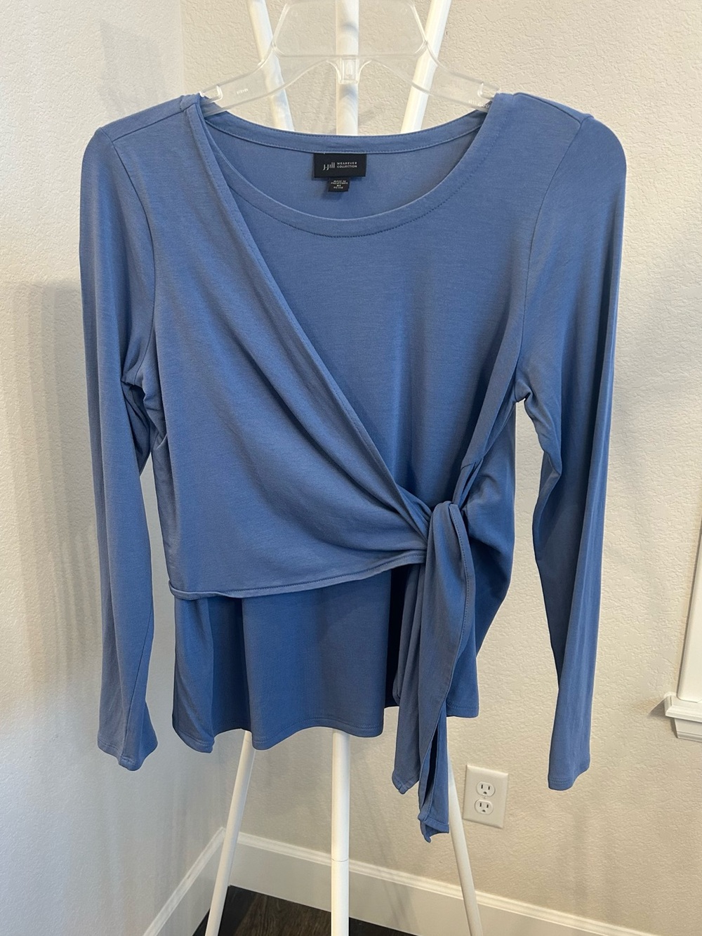 Jill Wearever Faux Wrap Tie-Waist Top Blue XS Petite Long Sleeve